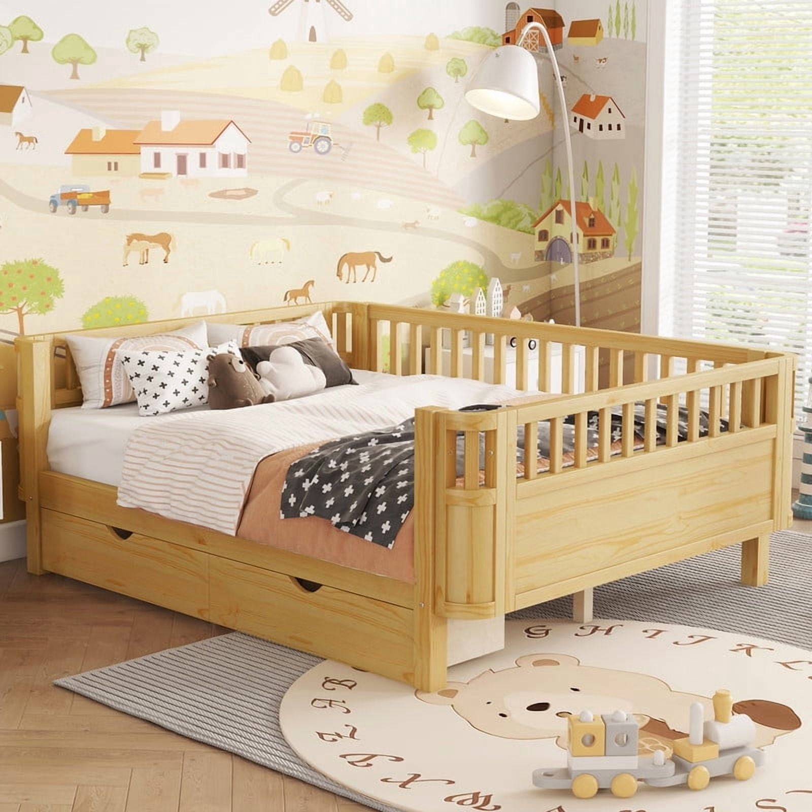 Full Size Bed Frame with Rails, Wood Montessori Bed Full with 2 Storage Drawers &Slats Support, Modern Daybed with Removable Bed Rails for Bedroom Living Room, Natural