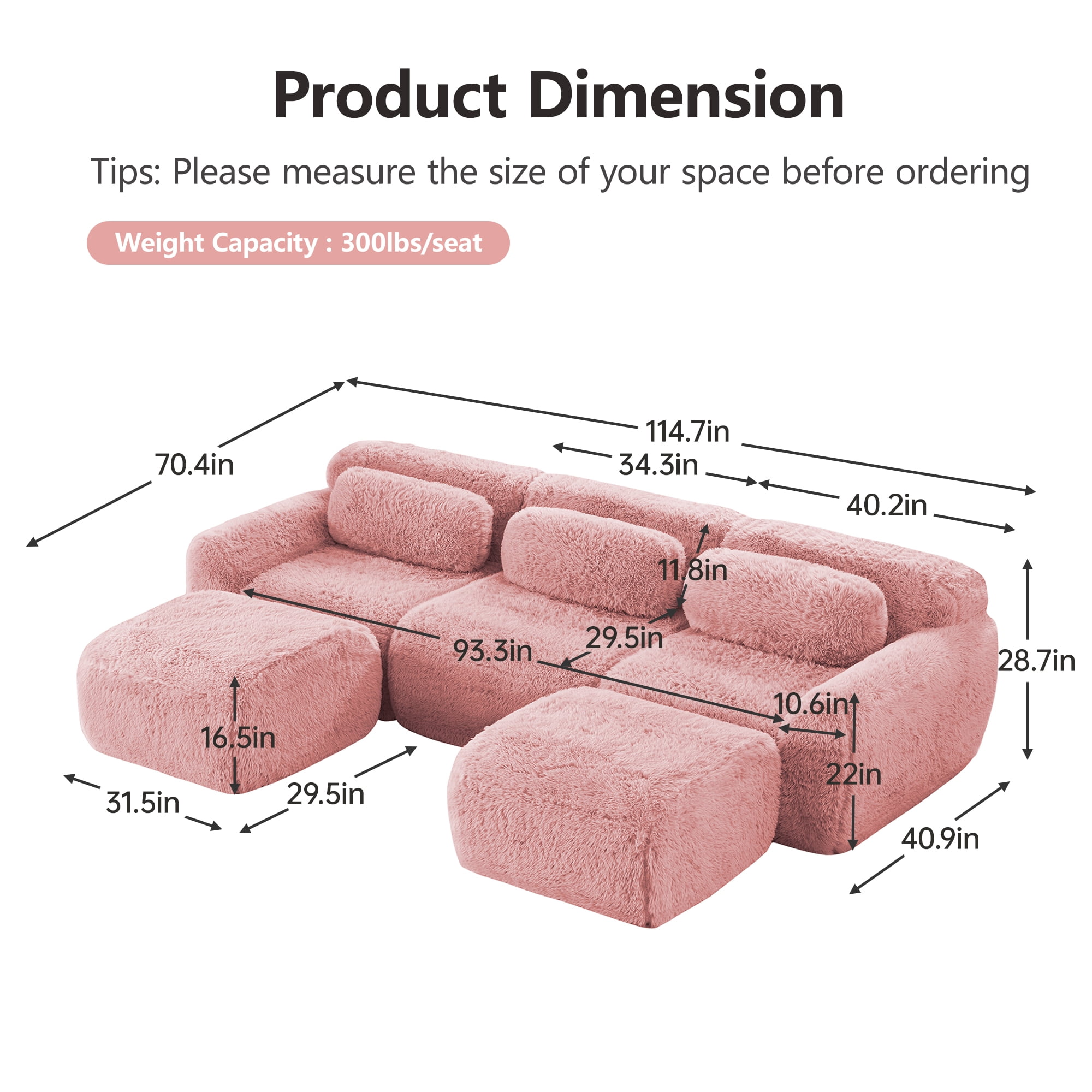 Wakefit 114" Modular Sectional Sofa, Boneless Couche 3 Seater Deep Seat Compressed Sofa, No Assembly Required, Soft Fluffy Plush Fabric, Cloud Comfy Sofa Set, Pink