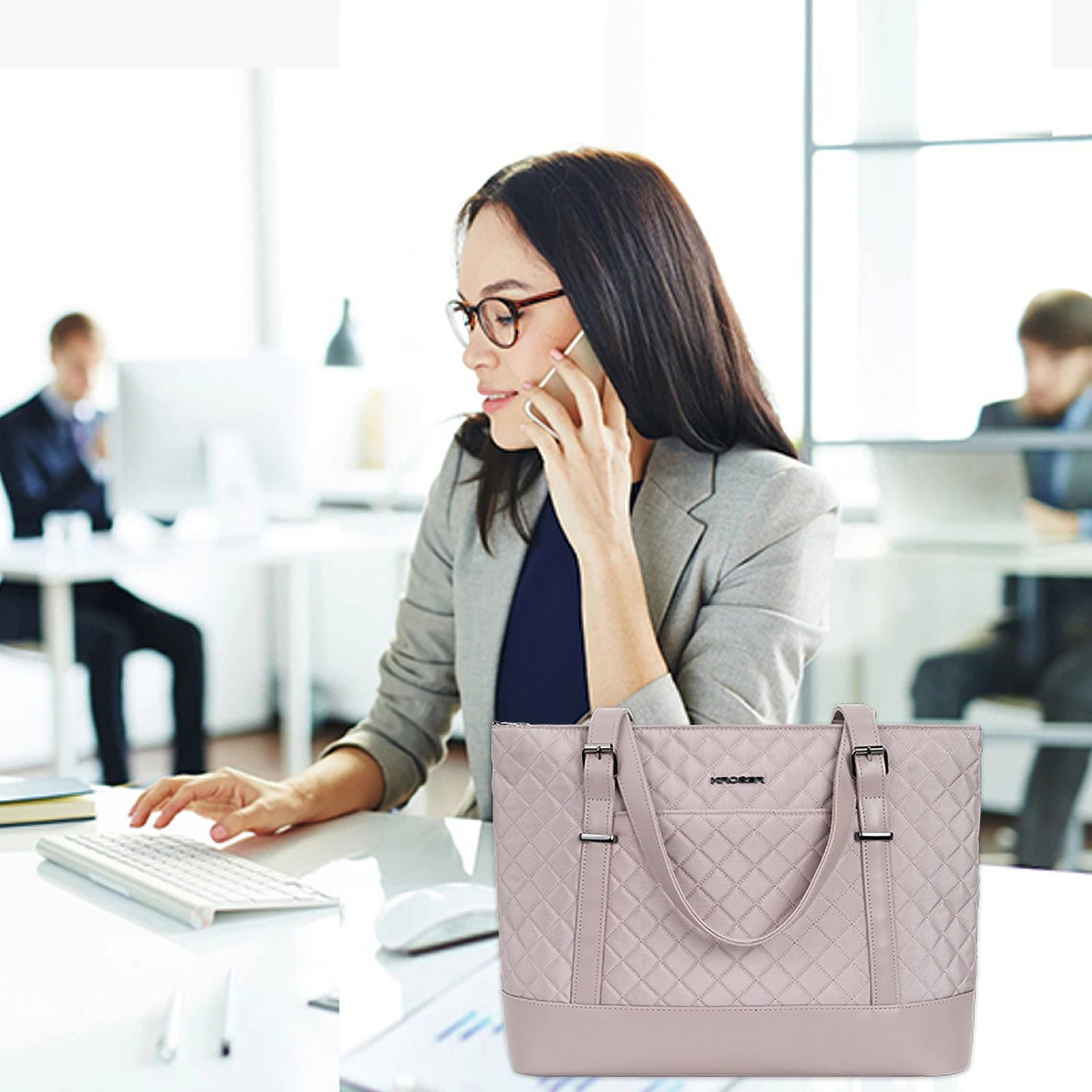 KROSER Laptop Tote Bag 15.6" Computer bag Shoulder Bag Women Handbag (Quilt)-Dusty Pink