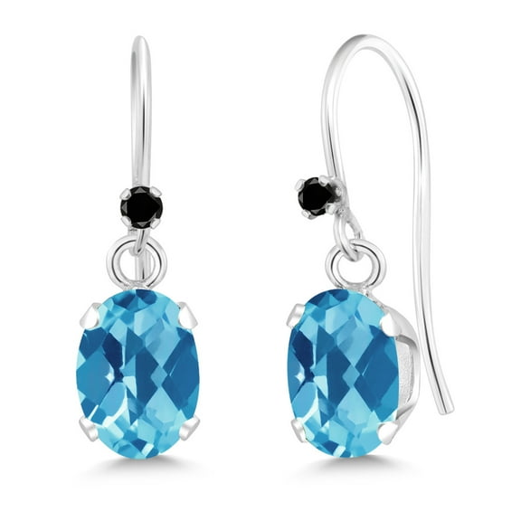 Gem Stone King 925 Sterling Silver Swiss Blue Topaz and Black Diamond French Wire Dangle Hook Earrings for Women (1.92 Cttw, Gemstone November Birthstone, Oval Checkerboard 7X5MM)