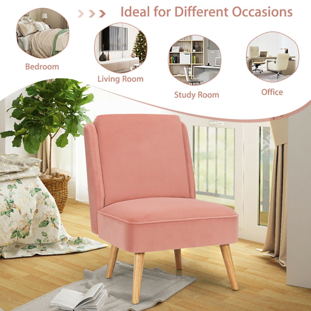 Finihen Velvet Accent Chair, Velvet Accent Armless Side Chair with Rubber Wood Legs, for Living Room, Bedroom, Pink