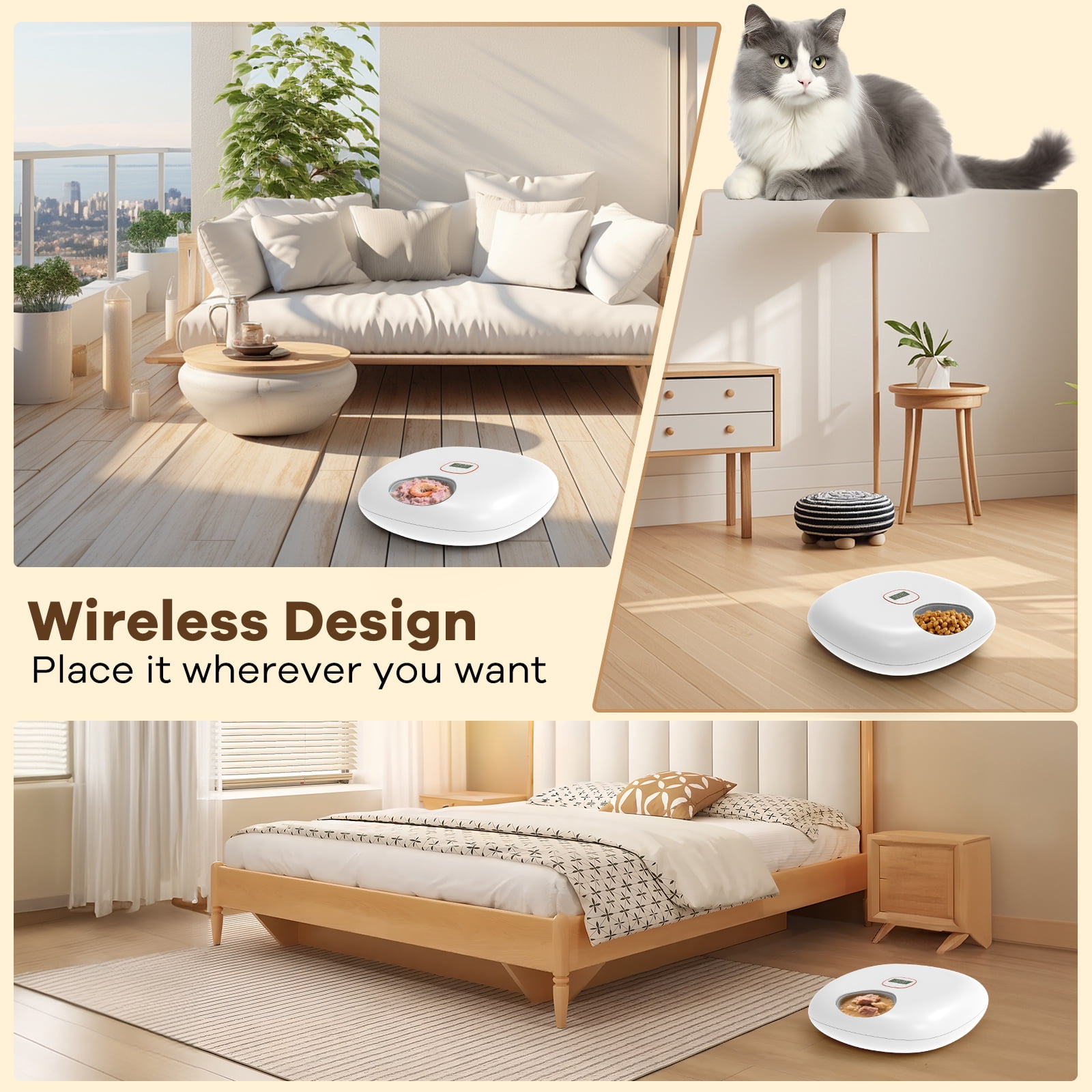 6-Meal Automatic Cat Feeder with 2 Ice Packs, Programmable Food Dispenser for Cats & Small Dogs, White, USB Rechargeable