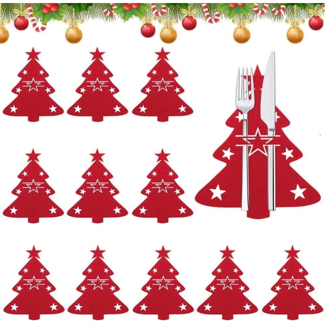 Juego de 12 porta cubiertos de Navidad, porta cubiertos de fieltro navideño, bolsa para cubiertos de Navidad, bolsa para cubiertos de árbol de Navidad, cestas para cubiertos de Navidad rojas, decoración de mesa para fiesta de Navidad Rojo Verde Cocina, Decoración y Otros