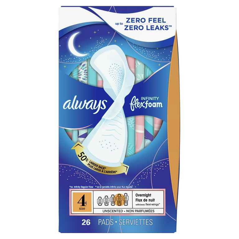 Always Infinity Feminine Pads with wings, Size 4, Overnight Absorbency,  Unscented, 26 Count 