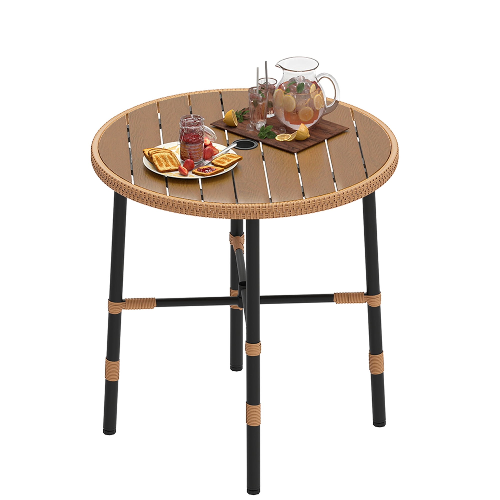 Uforic Round Outdoor Dining Table for 4, 35.4" x 30.3" All-Weather Patio Bistro Table with 2.2" Umbrella Hole, Adjustable Levelers, Metal Frame and Faux Wood Tabletop for Backyard Garden