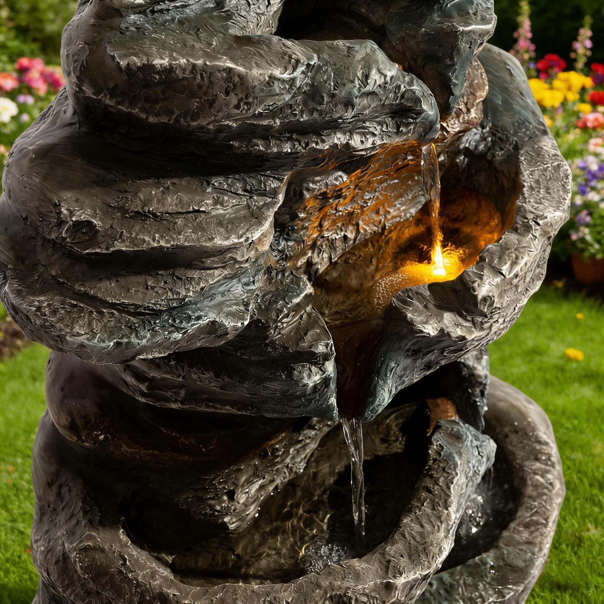 6-Tier Outdoor Cascading Stone Water Fountain with 3 LED Lights, Freestanding Led Fountain Decor for Garden, Patio, Yard & Deck, Natural Rock Appearance