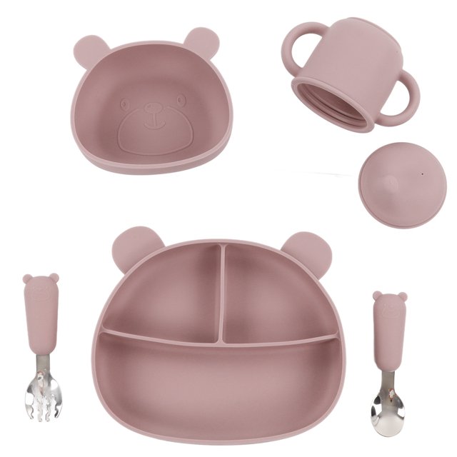 Kit De Alimentación Infantil, Kit De Alimentación De Bebé Con Diseño De Ventosa De Silicona De Grado Alimenticio Para Bebés Para El Hogar Para Viajes OTVIAP Rosa claro