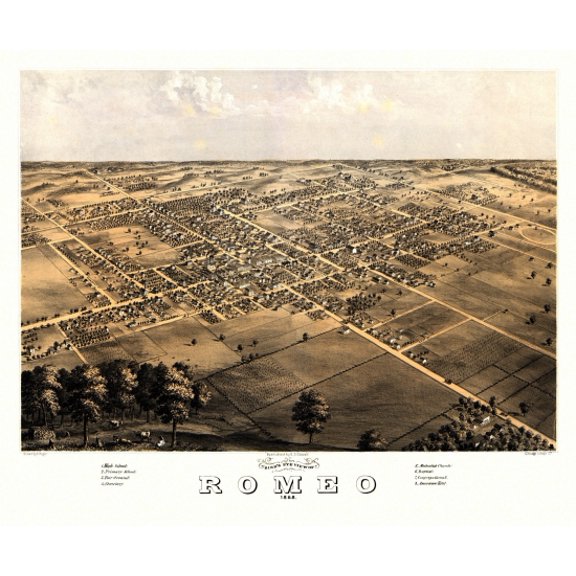 Vintage Map of Romeo Michigan 1868 Macomb County Canvas Art -  (24 x 36)
