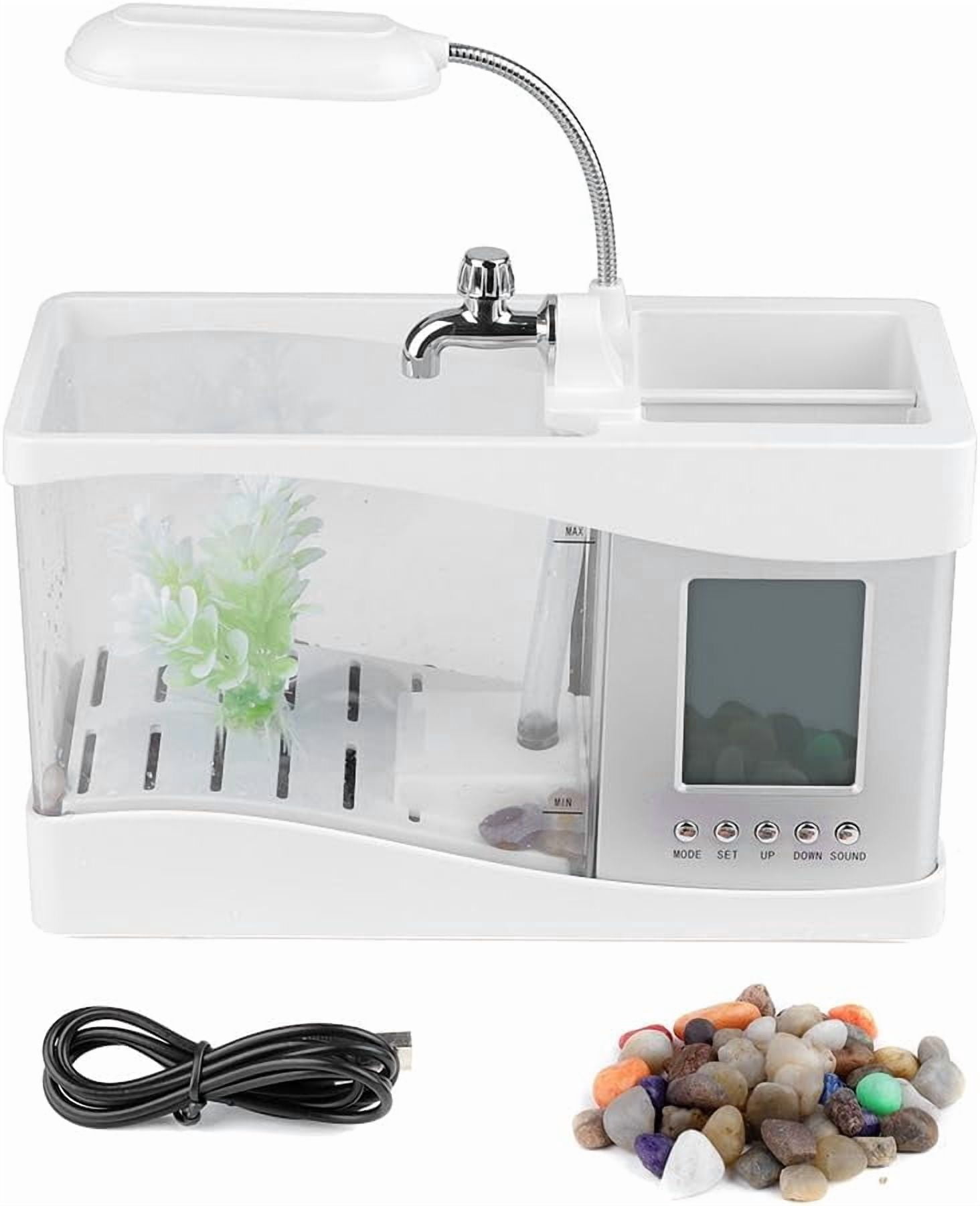 USB Rechargeable Mini Fish Tank, LED Aquarium with Clock and Pen Holder, White