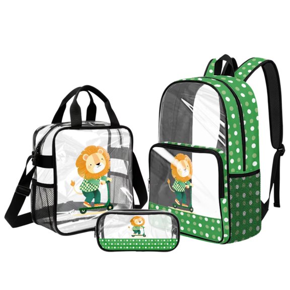 Kuiaobaty Lion Print Clear Backpack Set for Kids Polka Dot Print Bookbag and Pencil Case with Zipper Sturdy Transparent Backpack and Lunch Bag for School, Green