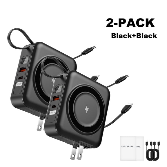 2‑Pack 10000mAh Magnetic Wireless Power Bank, 6‑in‑1 Portable Charger with Built‑in Cables & Wall Plug, 22.5W USB‑C Fast Charge, Travel‑Ready Battery Pack for iPhone & Android Devices