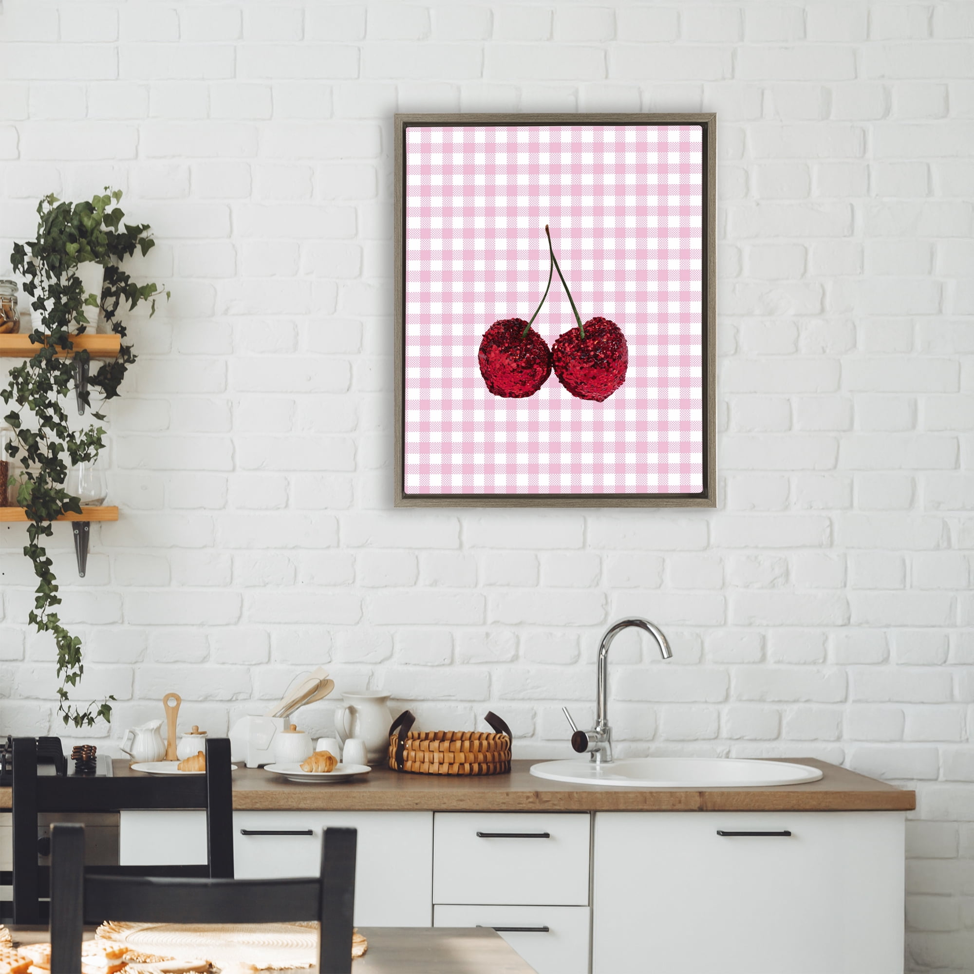 Stupell Industries Glitter Cherry on Pink Gingham Brown Framed Floater Canvas Wall Art, design by LISH Creative