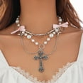 thumbnail image 3 of BELOWSYALER Sweet and Cool Bowknot Choker Unique Crosses Pendant Necklace with Pearls and Bowknot for a Fashion Statement, 3 of 8