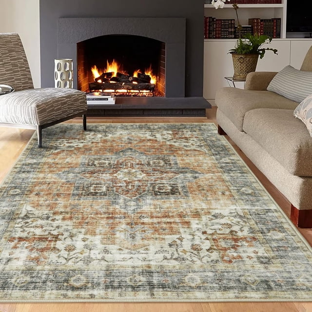 Twister.CK Machine Washable Area Rug 8' x 10', Non Slip Backing Low Pile Rugs Boho Vintage Foldable Stain Resistant Indoor Carpet for Bedroom Living Room Playroom, Brown