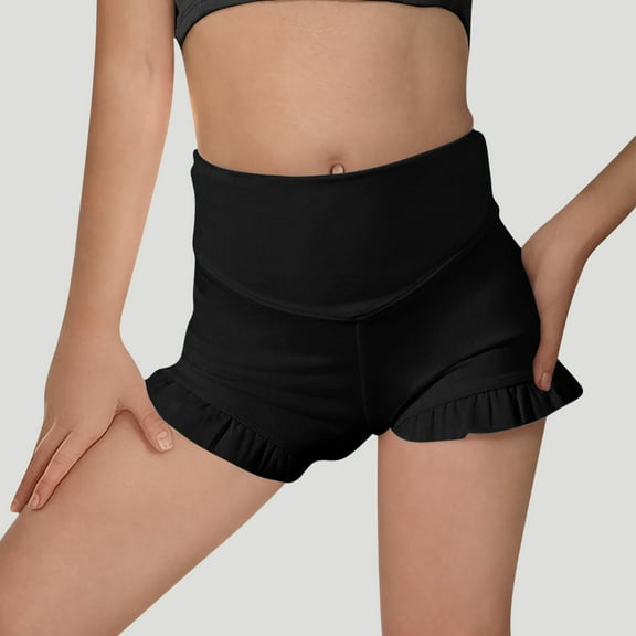 Cethrio Girls Athletic Shorts Size 10-12 T, Yoga Stretch Running Elastic Waist Summer Shorts Black