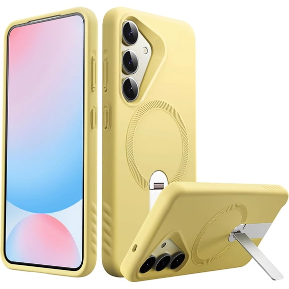 FITO for Samsung Galaxy S25 Case [ Rotatable Kickstand | Soft Anti-Scratch Microfiber Lining | Compatible with MagSafe] Silicone Phone Cover - Yellow