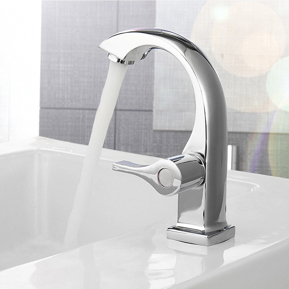 Wuweikeji Chrome Bathroom Basin Faucet, Single Handle Cold Water Tap, Copper Alloy Sink Spout, High-Arc Neck Design, Water-Saving Bubbler, 6.9\" Height, Fits 0.87-1.26\" Hole, Silver