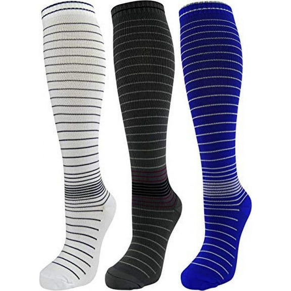 3 Pair Large/X-Large Colorful Moderate Graduated Compression Socks 15-20 mmHg. Mens and Womens Style & Blue, Grey, White Striped Designs