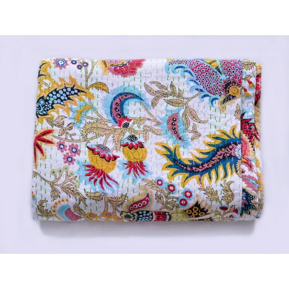 Indian Kantha Quilt Kantha Bedspread Kantha Blanket Cotton Throw Handmade Quilt Single Size Quilt Bedding Mukat Print White Color