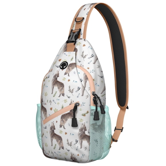 Howling Wolf Sling Backpack, Majestic Lone Wolf and Moonlight Print Crossbody Bag, Tribal Forest Night Sky Design for Nature Lovers Hiking Travel