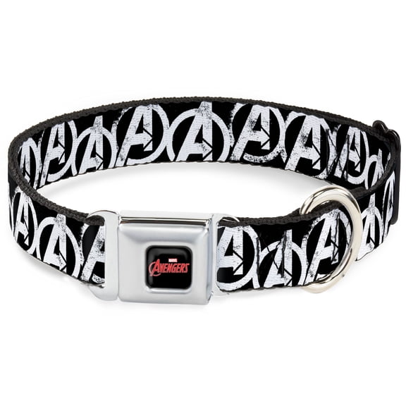 Marvel Comics Pet Collar, Dog Collar Metal Seatbelt Buckle, Avengers A Logo Weathered Black White, 15 to 24 Inches 1.0 Inch Wide
