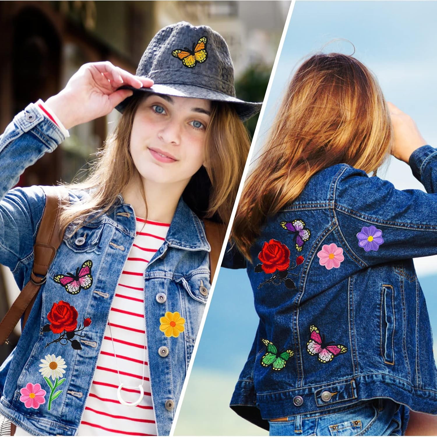 100 Pieces Flower Butterfly Iron/Sew on Patches Sunflower Cute Embroidered Applique Rose Patches for Clothing Large Colorful Decorative Daisy Repair Clothes Dress Hat Jeans DIY