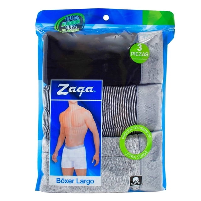 Bóxer Zaga para Hombre, Largo Rayas Negro y Gris 3 Piezas Talla G