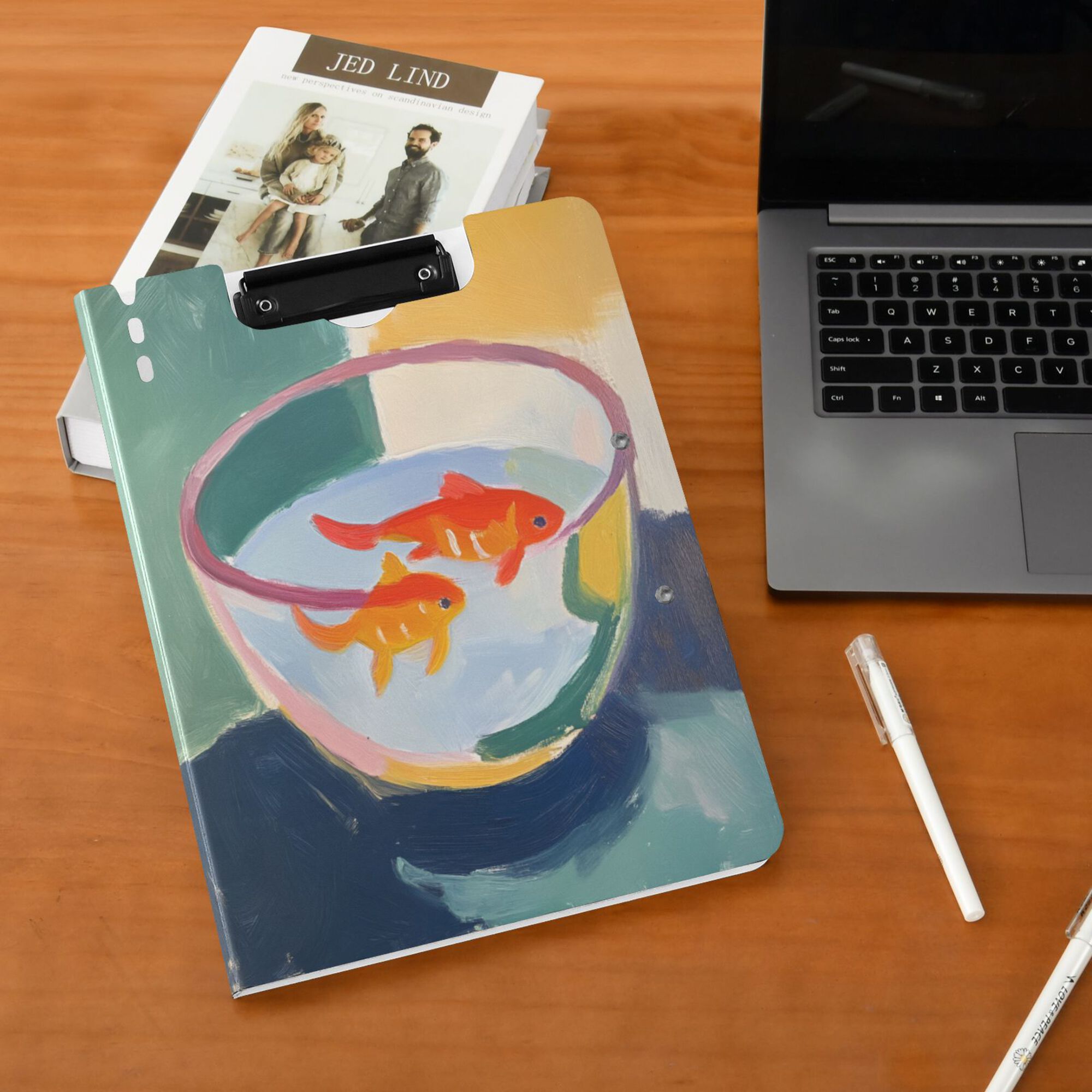FORMRS A4 Clipboard Folder with Pen Holder Horizontal Foldable School Office Binder, Goldfish Bowl