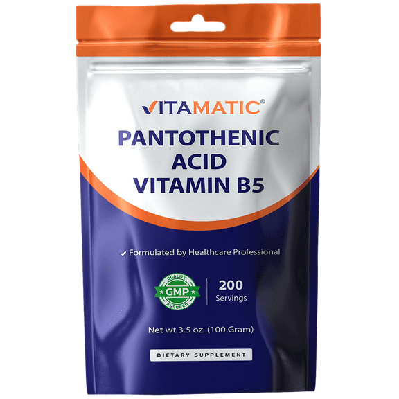 Vitamatic Pantothenic Acid Pure Powder 500 mg per Serving - 100 Grams - Also Called Vitamin B5-200 Servings
