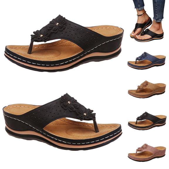 Mepaouo Sandals for Women 2025 Orthopedic Wedge Platform Flip Flops Arch Support Dressy Summer Shoes Black