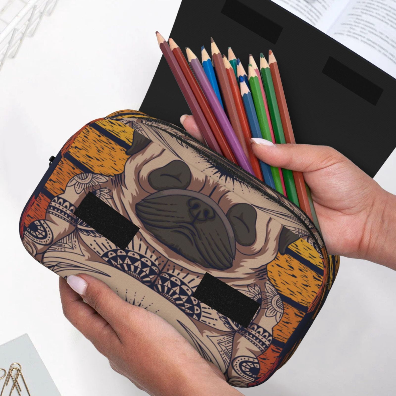 Rateoe Pug dog Yoga Pattern Double Clamshell Pen Case, Storage Organizer with Two Zipper Compartments– Holds Up to 50 Pencils & Pens
