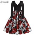 thumbnail image 1 of Disfraces de Halloween con estampado de calaveras para mujer, manga larga, años 50 y 60, vestido de fiesta de noche para ama de casa, disfraces de cosplay elegantes y aterradores, 1 of 5
