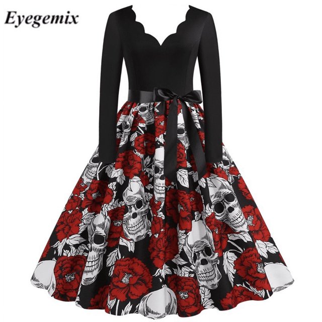 Disfraces de Halloween con estampado de calaveras para mujer, manga larga, años 50 y 60, vestido de fiesta de noche para ama de casa, disfraces de cosplay elegantes y aterradores