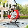 thumbnail image 2 of PAPROOS 2 Piece Egg Chair, Hanging Egg Chair with Stand Outdoor Indoor Use, Patio Wicker Swing Basket Chair for Kids Adults, Holds 300lbs, Modern Hammock Chairs for Porch Balcony, Red, 2 of 10