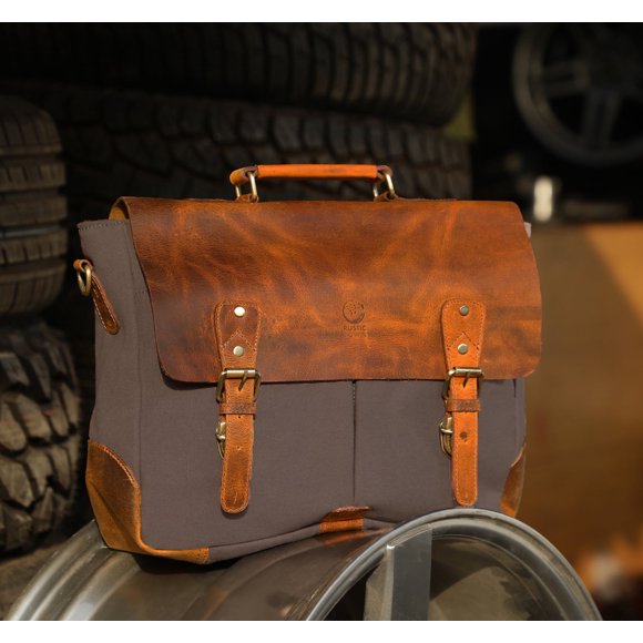 Leather Laptop Bag for Men, Canvas Messenger Bag Computer Shoulder Office Briefcase 15" Satchel Business Work Bag by