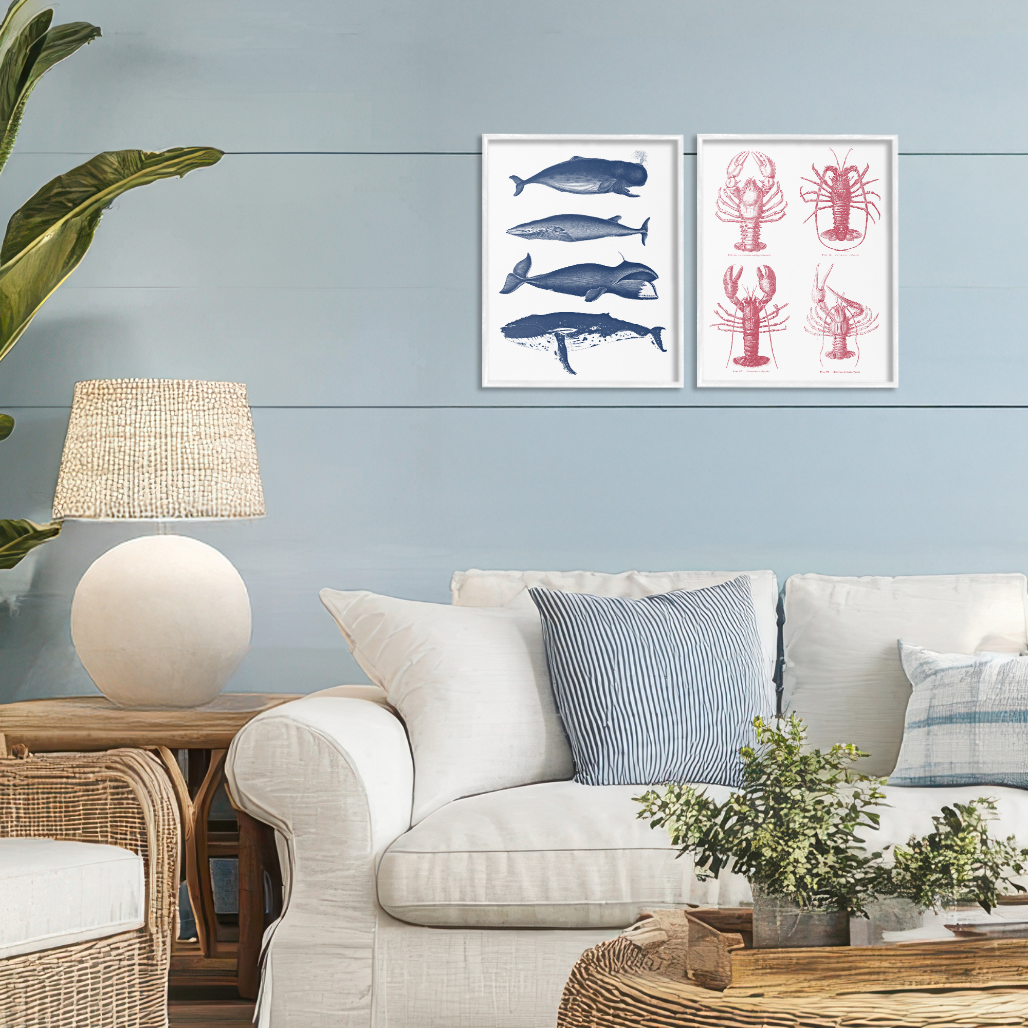 Marine Whales & Lobsters 2 Piece White Framed Giclee Art Set, design by Lettered and Lined