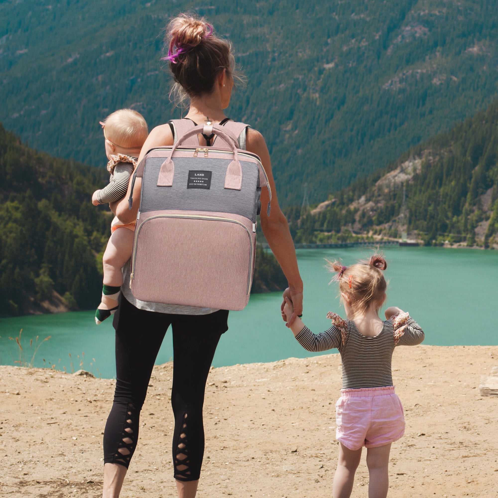 Diaper Backpack, Baby Diaper Bag Backpack for Boys& Girls, Large Capacity Baby Changing Bag w/ Foldable Crib & Insulated Milk Bottle Pocket - Waterproof and Stylish (Pink)