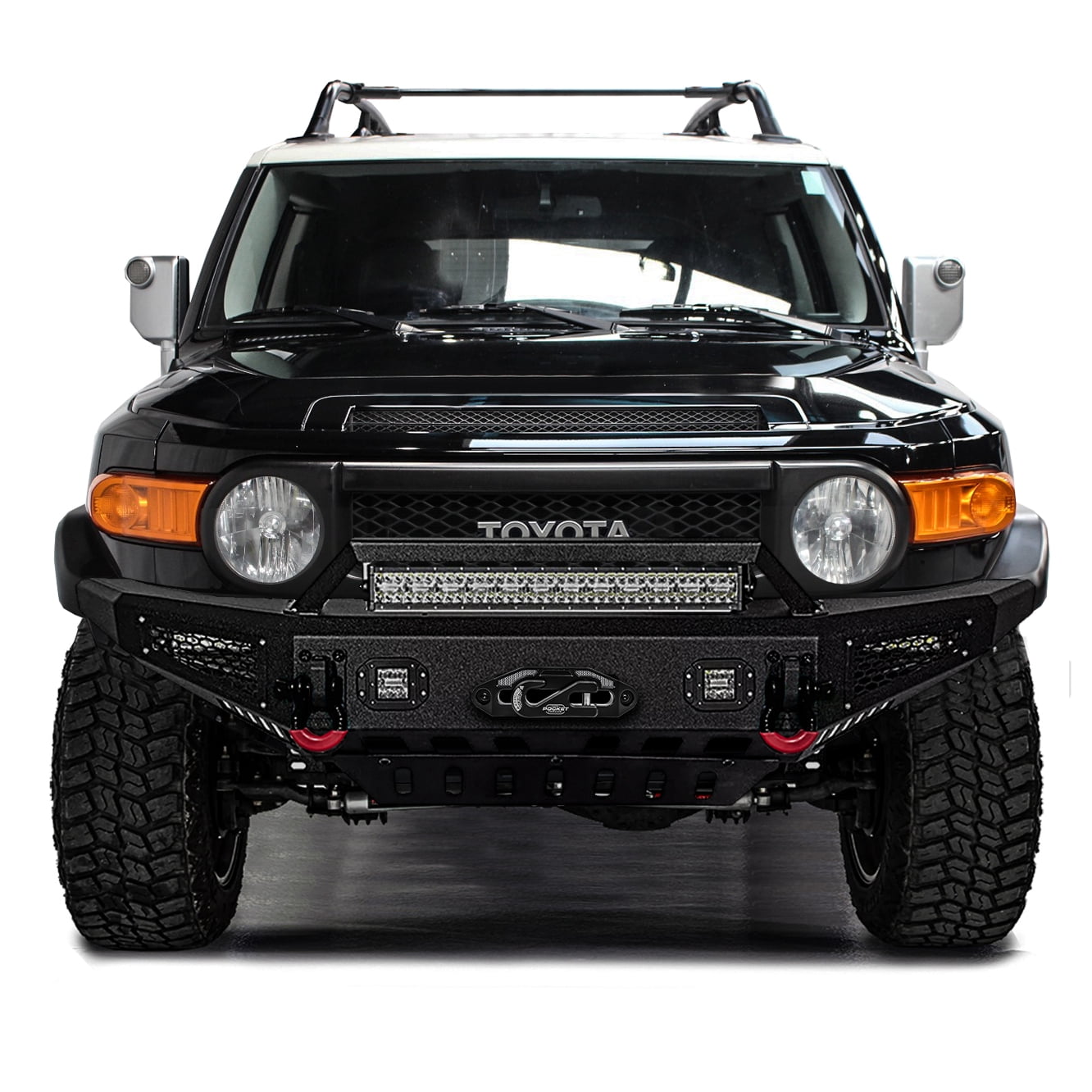 Vijay Compatible with 2007-2008-2009-2010-2011-2012-2013-2014 Toyota FJ Cruiser Front Bumper Textured Black Steel with Lights and D-rings