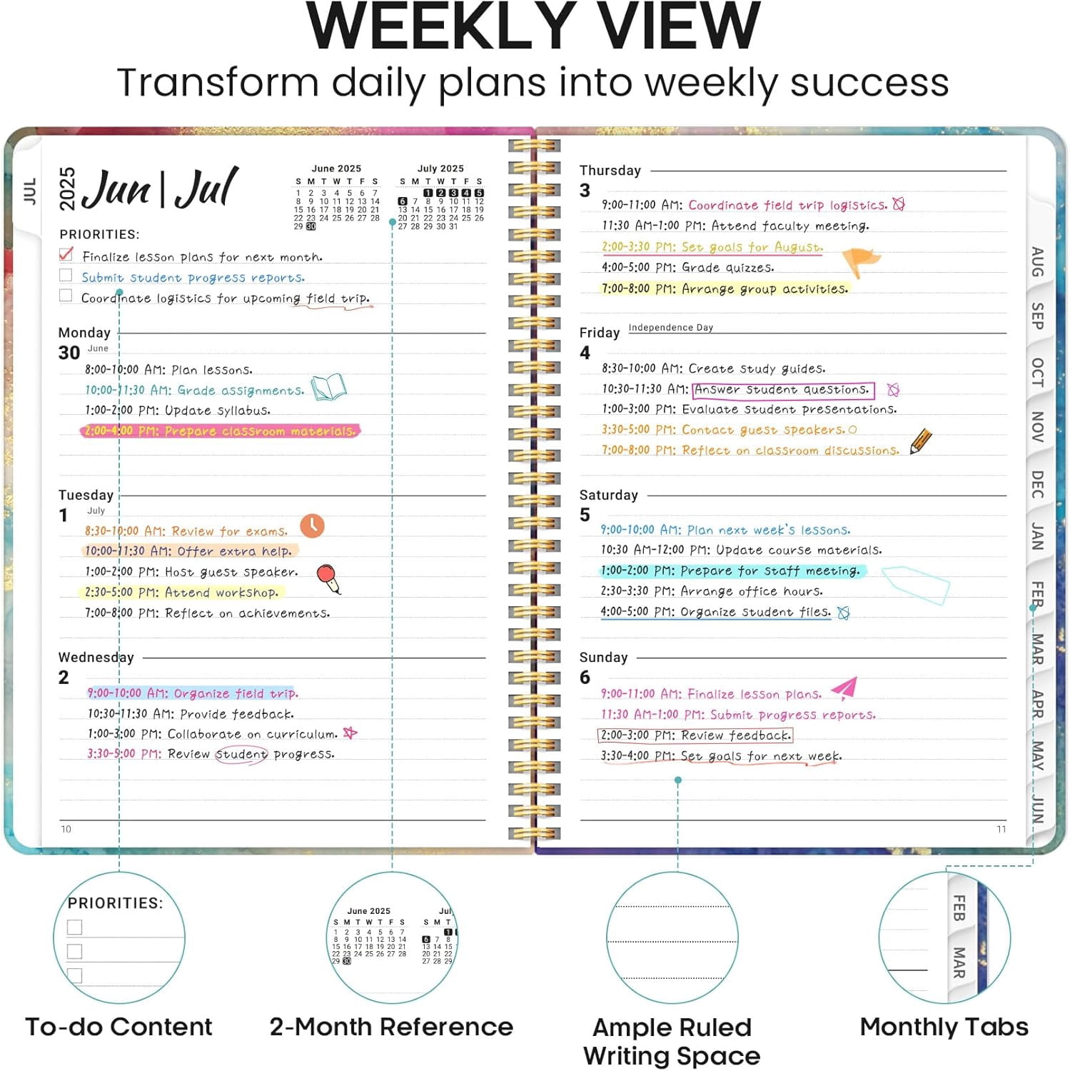 Academic Planner 2025-2026, Weekly and Monthly Calendar Planner Book, July 2025 – June 2026, Hardcover Organizer with Tabs, Perfect for Teachers, Students, Women & Men, A5 (6.4" x 8.5") - Pink