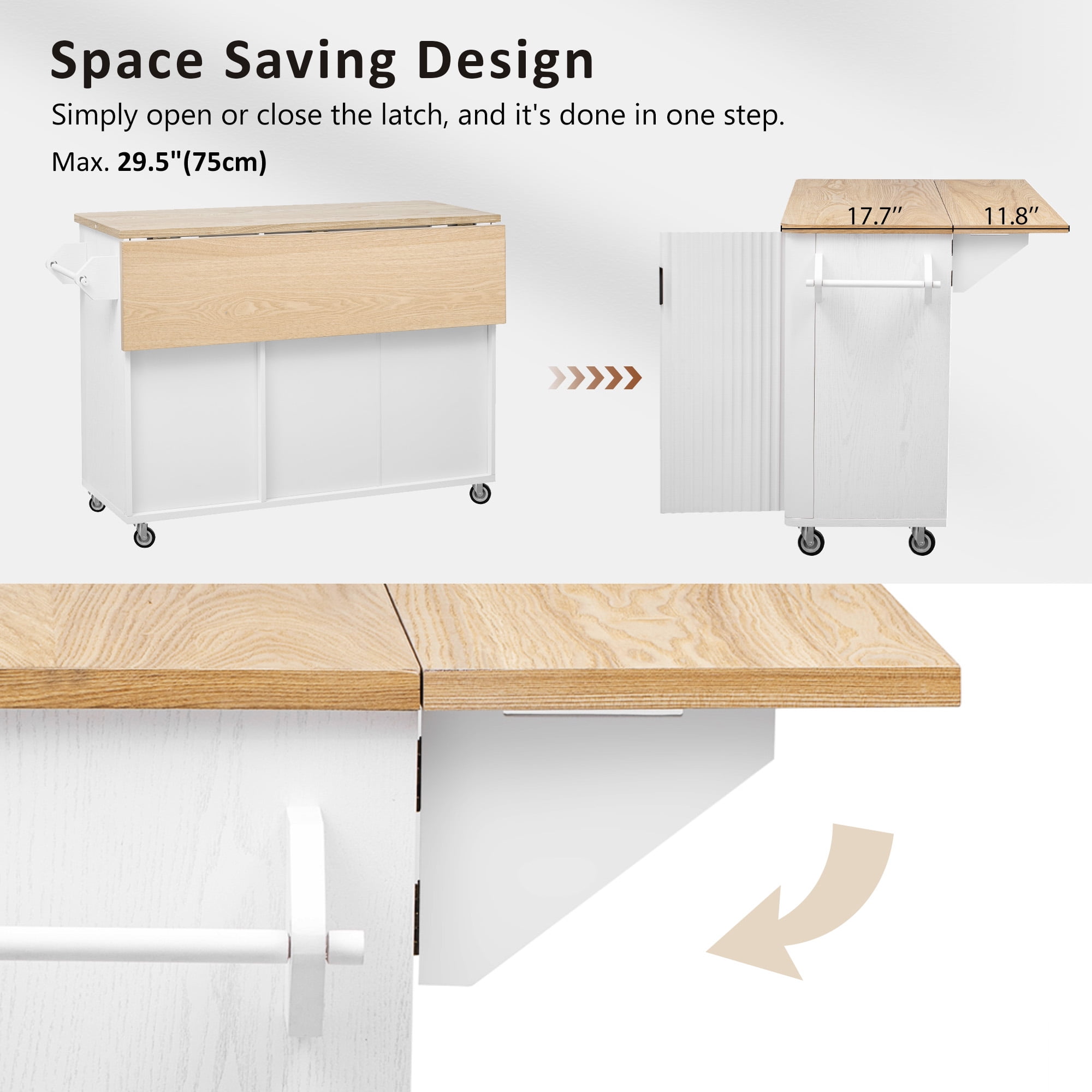 Aukfa Fluted Rolling Kitchen Island with Drop Leaf,Kitchen Cart with Storage Cabinet & Locking Casters, White