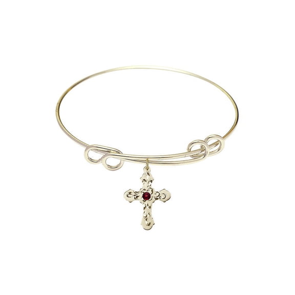 8 1/2 inch Round Double Loop Bangle Bracelet w/ Cross medal charm w/ January Red Swarovski Crystal