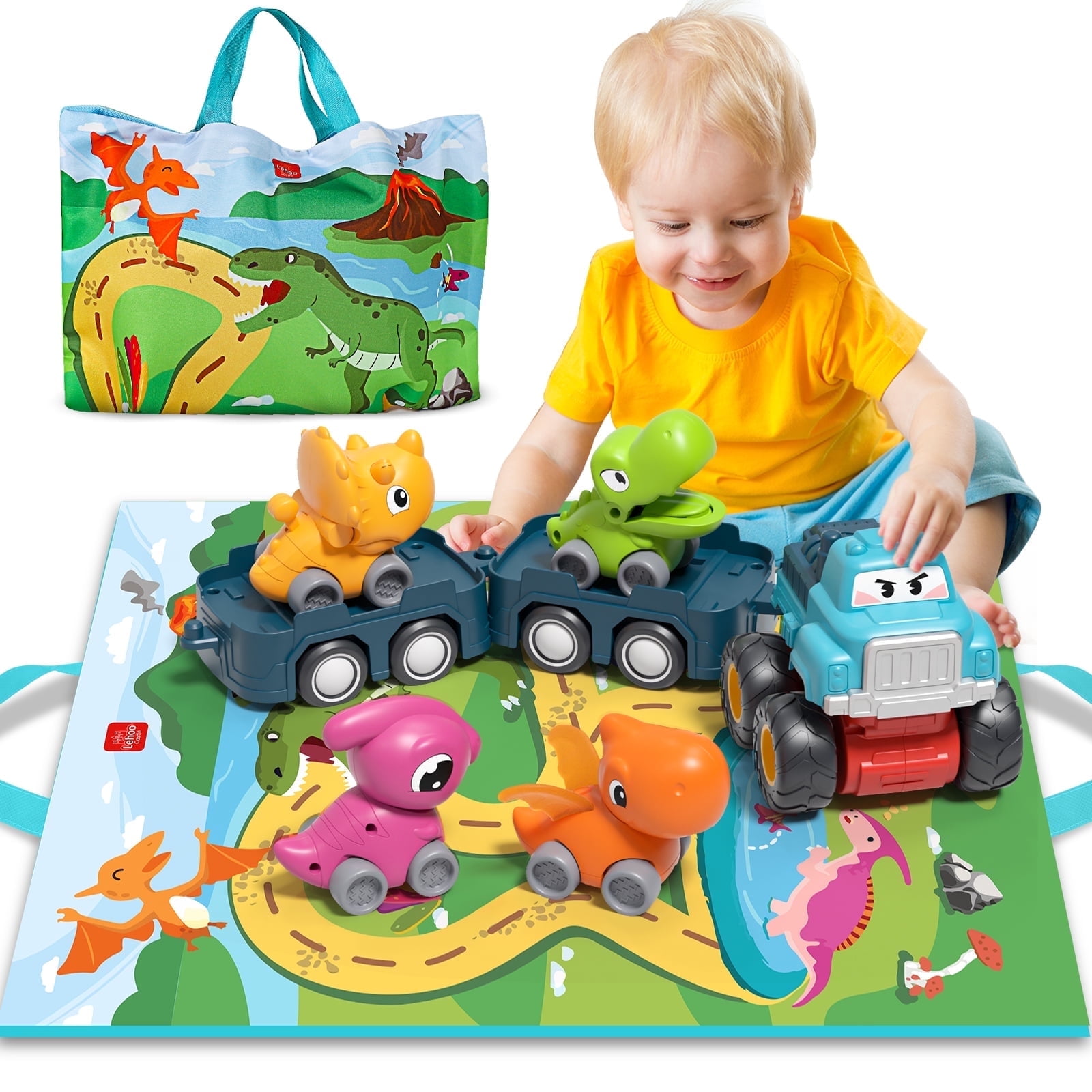Toys for 1 2 3 Year Old Boys, Dinosaur Toy Cars For Toddlers, Pull Back Cars Baby Toys, Press And Go Toy Cars, Friction Powered Truck Toy With Storage Bag