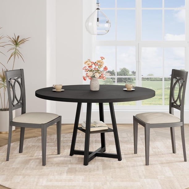 Industrial 47-pulgada round dining mesa set para 4-6 negra top con metal base para dining & sala de estar