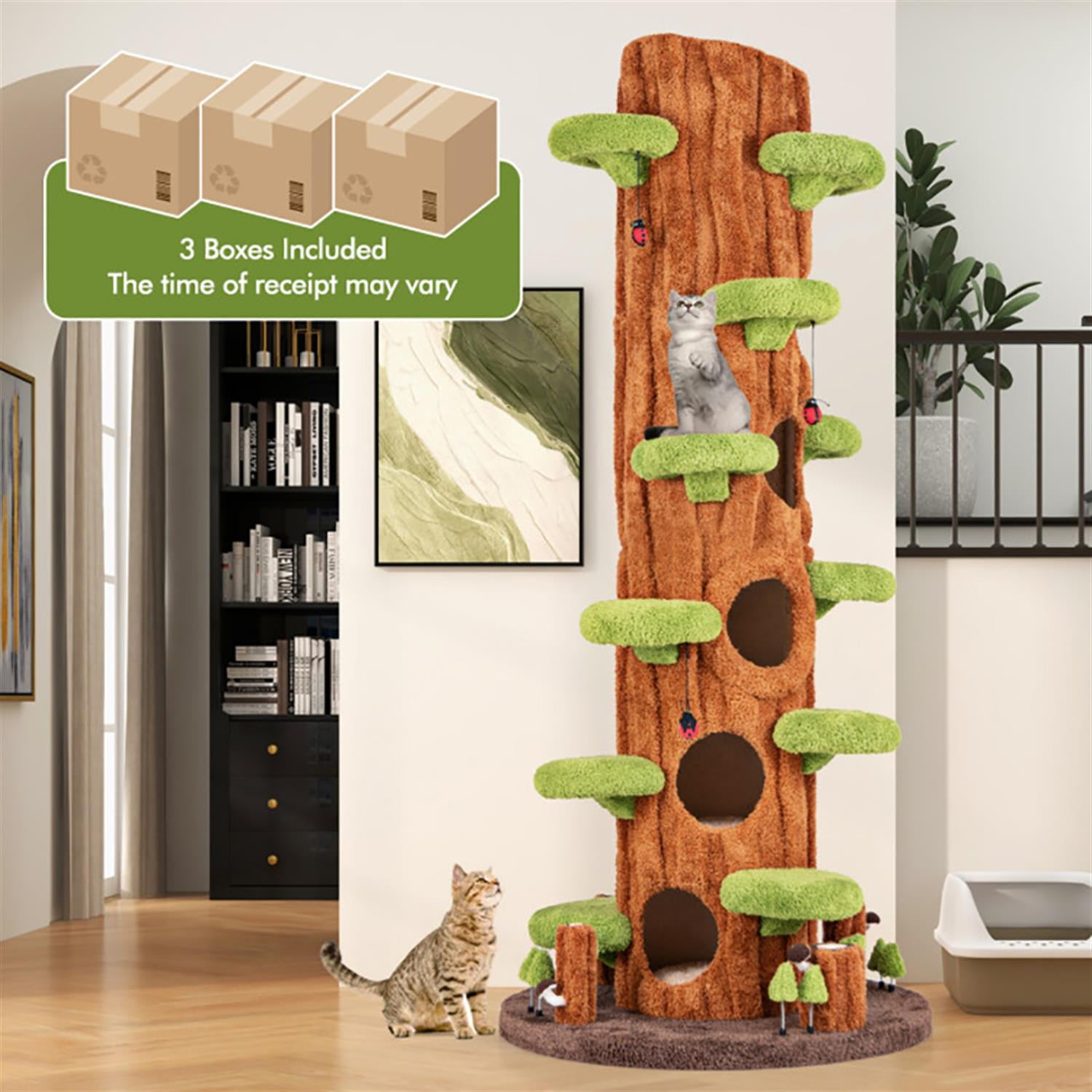 resenkos 90" Cat Tree Tower with Private Condos for Indoor Cats, Multifunctional Plush Cat House with Teasing Balls, Brown