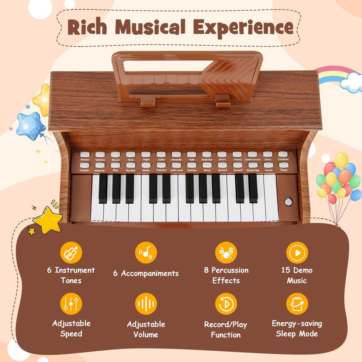 Demi Bonn Brown 25-Key Piano with Stool, Music Enlightenment, Adjustable Speed & Volume, Record/Playback