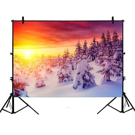 Image of YKCG 7x5ft Winter Trees Snowflake Scene Fantastic Evening Landscape Glowing by Sunlight Photography Backdrops Polyester Photography Props Studio Photo Booth Props