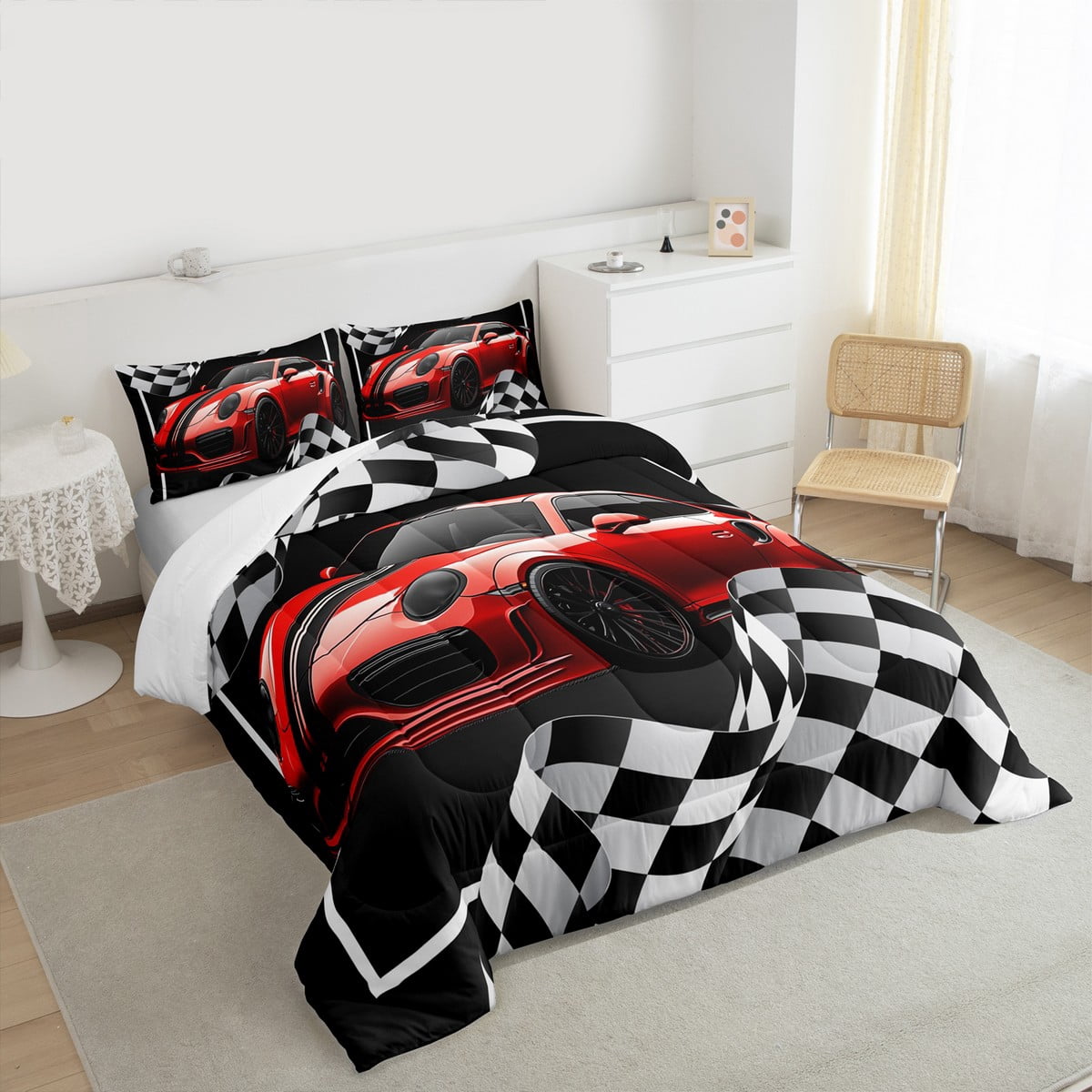 Red Race Car Comforter Set Twin Size,Black White Lattice Bedding Set Teens Room Decor,Extreme Sport Games Quilt Set,Cool Modern Duvet Insert