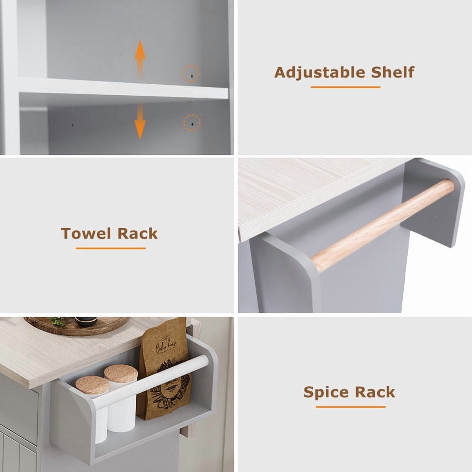 Versatile Rolling Kitchen Island with Trash Can Storage Cabinet, Indoor Kitchen Serving Cart with Drop Leaf, Racks & Drawers