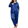 thumbnail image 6 of Women Plus Size Satin Pajama Set Sevevn Long Sleeve Crew Neck Top Wide Leg Pants Soft Sleep Loungewear For Daily Home Use, 6 of 9