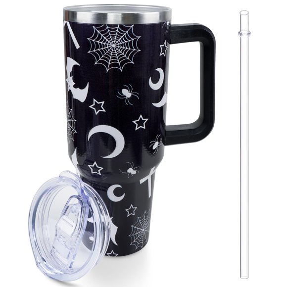 Baiheyi 40 oz Goth Moon Tumbler with Handle and Straw, Black Gothic Travel cup, Stainless Steel Insulated Cup with Lid and Straw, Birthday Christmas Halloween Gifts